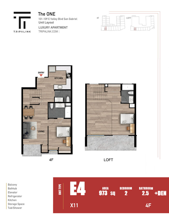 Floor Plan - 2 Bed 2.5 Bath +Loft - 973 sqft