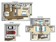 Detailed 3D floor plan of a duplex with garage, featuring three bedrooms, open living area, and modern amenities.
