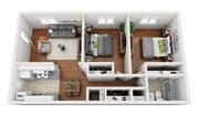 Furnished Floorplan of 2 Bedroom 1 Bath Medium