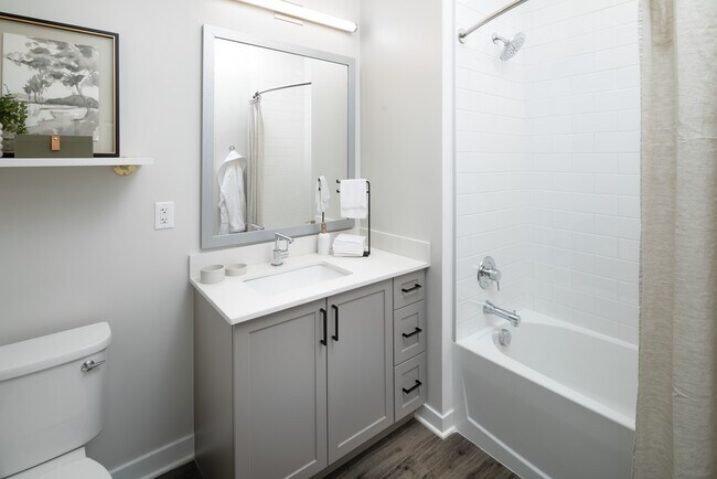 Bathroom with grey cabinetry and white quartz countertops