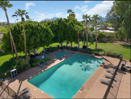 Aerial view of community pool and hot tub - 7350 N Pima Rd Condo Unit 165