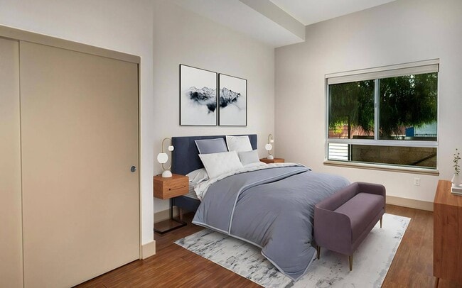 A spacious closet along one wall, and the bed still has room around it.