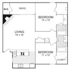 B1: two bed/two bath, 950 sq.ft.