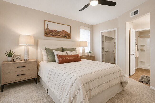 Immerse yourself in the serene elegance of Highland Groves at Morrison Ranch. This inviting bedroom features modern decor, cozy lighting, and ample space for relaxation. Perfect for unwinding after a long day. Schedule your tour today!