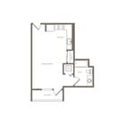 Modern studio apartment floor plan featuring an open living/sleeping area, sleek kitchen, cozy bathroom, and private balcony.