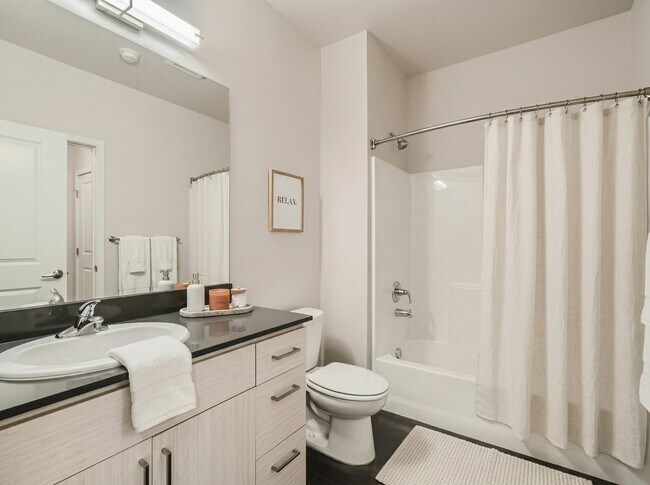 Full bathroom at 306 Queen Anne featuring a vanity with storage drawers, dark countertops, and a full-size bathtub shower combination.
