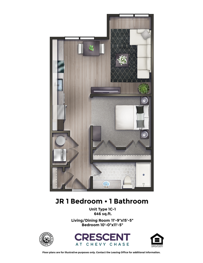 Floor Plan - One Bedroom (1C-1) Rear Facing w Balcony