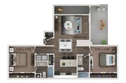 Plano de planta de dos dormitorios y dos baños con conexiones para lavadora y secadora de tamaño estándar. Las casas de la planta baja ofrecen pisos estilo tablón de madera en todas partes. Las casas del segundo piso ofrecen alfombras en los dormitorios y los armarios.