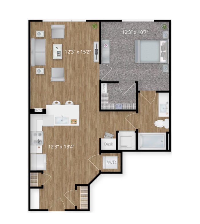 Explore this stylish one-bedroom apartment layout, perfect for modern living. - A5