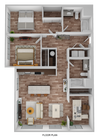 3D Floor Plan Rendering of the Hawthorne Three-Bedroom, Two-Bathroom Layout. 1,234 square feet