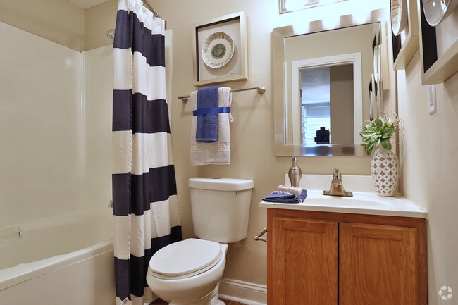 Updated Lighting and fixtures in bathrooms complete your modern apartment look