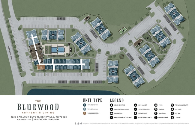 Explore la comunidad de Bluewood Apartments a través de nuestro mapa interactivo del sitio, que destaca las ubicaciones de los edificios, las comodidades, las áreas de estacionamiento y las características transitables de la comunidad en Kerrville, TX. - The Bluewood