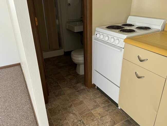Bathroom has shower, sink, linen cabinet & Toilet