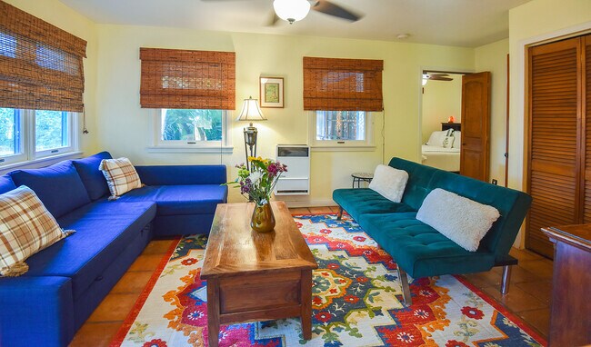 LIVING ROOM: Blue Sofa-Bed (left, queen), Green Sofa-Bed (right, full), bedroom (rear, right)
