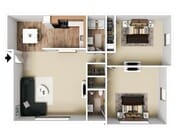 Two Bedrooms, Two Bathrooms, 1000 sqft, First Level