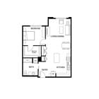 Modern floor plan featuring a spacious bedroom, open-concept living and dining area, fully equipped kitchen, and a stylish bath. Includes walk-in closet and laundry facilities for convenience.