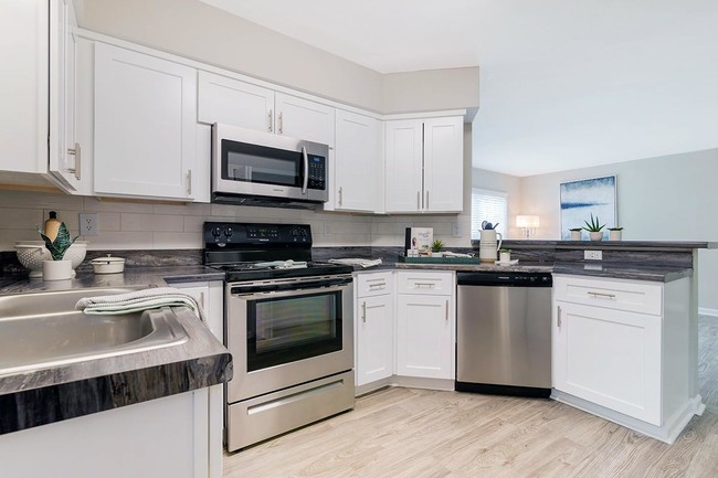 Las cocinas básicas tienen pisos estilo madera y desayunador. - Emerson Isles II Apartamentos