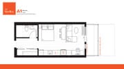 The Shelley A1 studio floor plan featuring a modern open-concept layout with a cozy sleeping area, practical kitchen, welcoming living space, stylish bathroom, and private balcony.