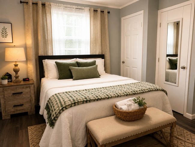 Queen bedroom with premium linens, blackout curtains, and a peaceful atmosphere for restful nights. - 1115 Henrietta Dr Unit Furnished 1BR | Utilities