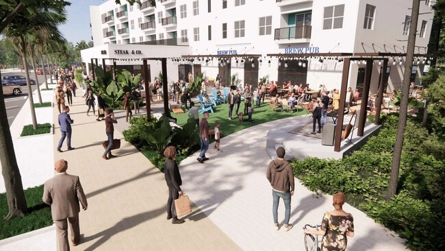 People hanging out in outdoor courtyard