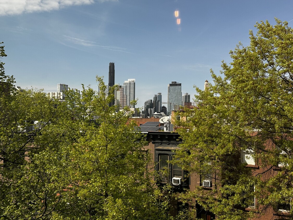 View of brownstone neighborhood, treetops, Brooklyn skylinefrom Bedroom - 682 President St (Brooklyn, NY)