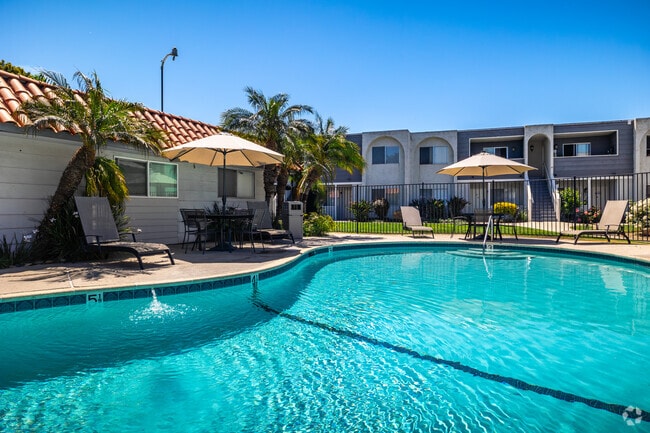 Poolside Umbrellas and Chairs - OakLeaf Apartments