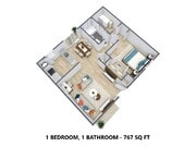 1 Bedroom, 1 Bathroom - 767 Square Feet