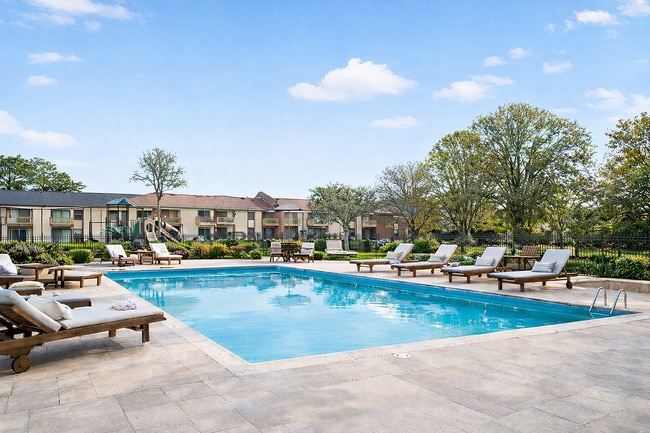 Tranquil poolside in a scenic community