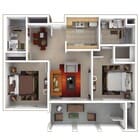 3D Rendering with furniture of a Two-Bedroom, Two-Bathroom Floor Plan