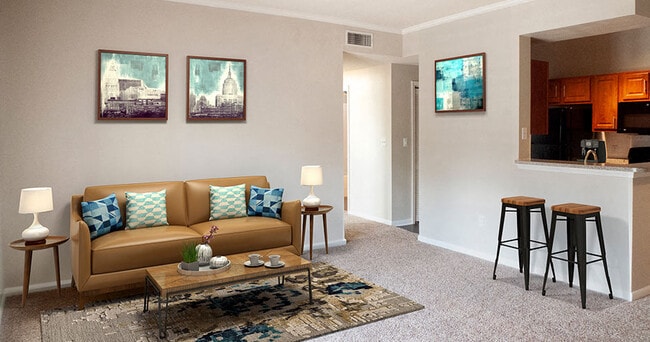 Sala de estar de los apartamentos The Woodland, Boerne, Texas - The Woodland Apartments