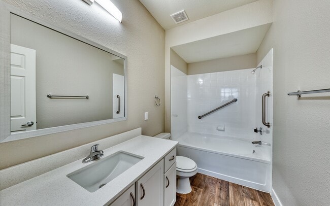 Grab bars are fitted at the tub and along the back wall in this unit.