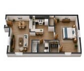 Modern 3D apartment floor plan featuring an elegant bedroom, cozy living room, stylish kitchen with breakfast bar, and a chic dining area.