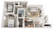 Two Bedrooms, One Bathroom, 840 sqft.