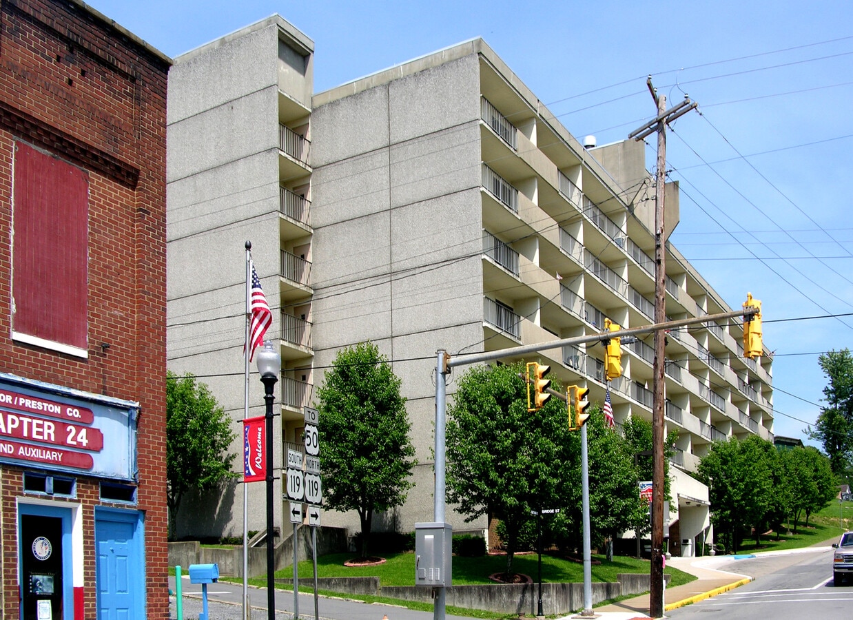 From across East Main Street to the southeast - Elizabeth Cather Towers Apartments