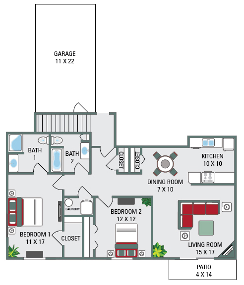 Floor Plan - 2B 2BA Upper 1260SF