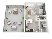 Corner studio apartment home with a dividing wall between bedroom and living area. Feels like a 1 bedroom, but no official closed off bedroom door. Located on the top- 5th floor with vaulted ceilings and extra windows. Has a walk-in bedroom closet and washer/ dryer in unit. Large kitchen with tons o