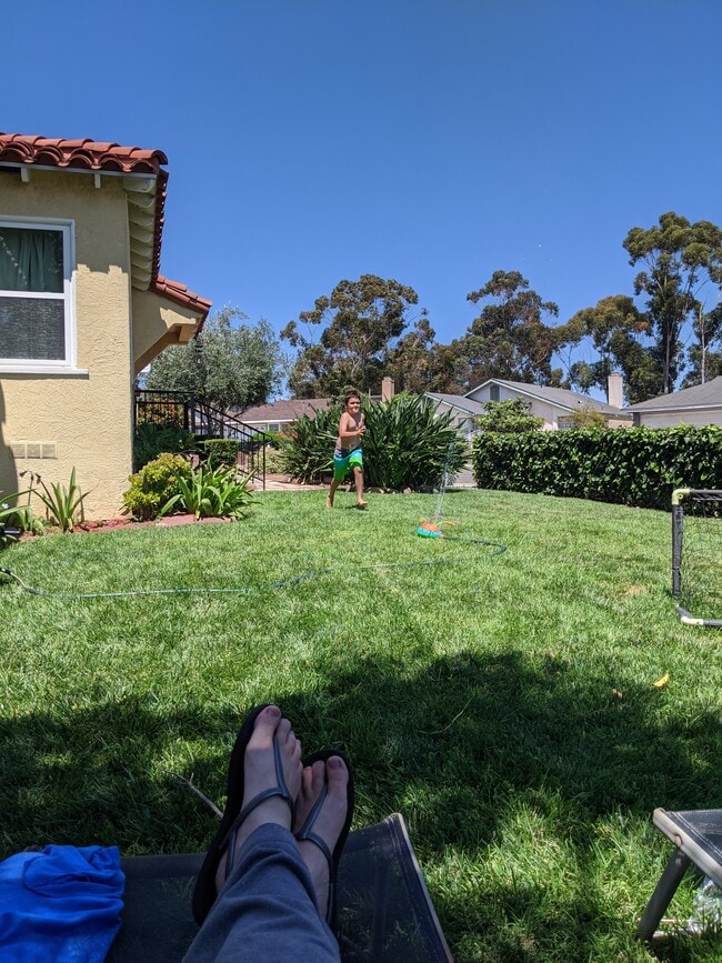 front yard with sprinklers on timer (fenced)
