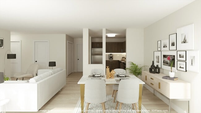 Upgraded living room with kitchen at Franklin River Apartments in Southfield