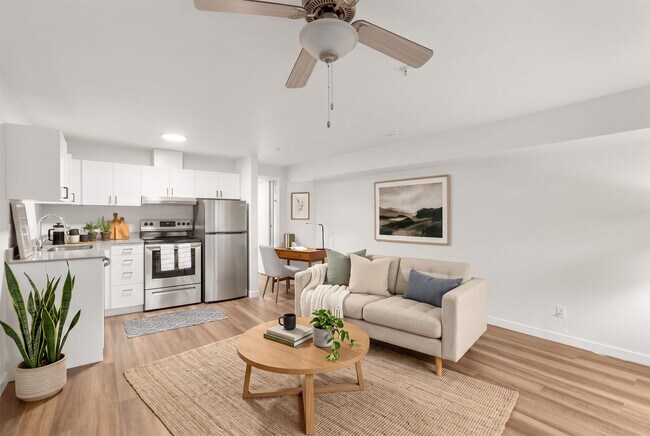 Compact open layout with space for a desk - a straightforward fit if you work from home some days.