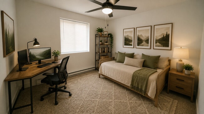 Furnished Bedrooms with desk and ceiling fan