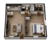 Modern 3D floor plan featuring a spacious layout with one bedroom, an open kitchen with a breakfast bar, cozy living room, elegant bathroom, and dedicated wardrobe space.
