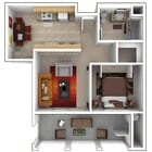 3D Rendering with furniture of a One-bedroom, One-Bathroom Floor Plan