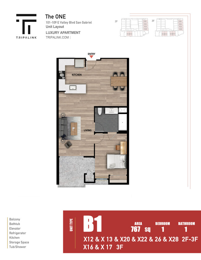 Floor Plan - 1 Bed 1 Bath - 767 sqft