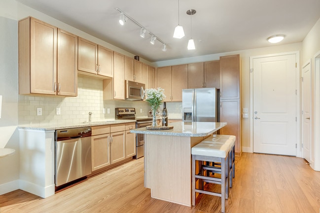 Designer kitchens with stainless steel, granite counters and a tiled backsplash