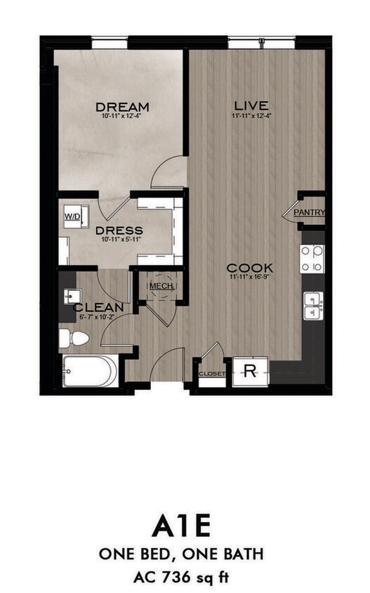1 Bedroom 1 Bathroom floor plan - A1E