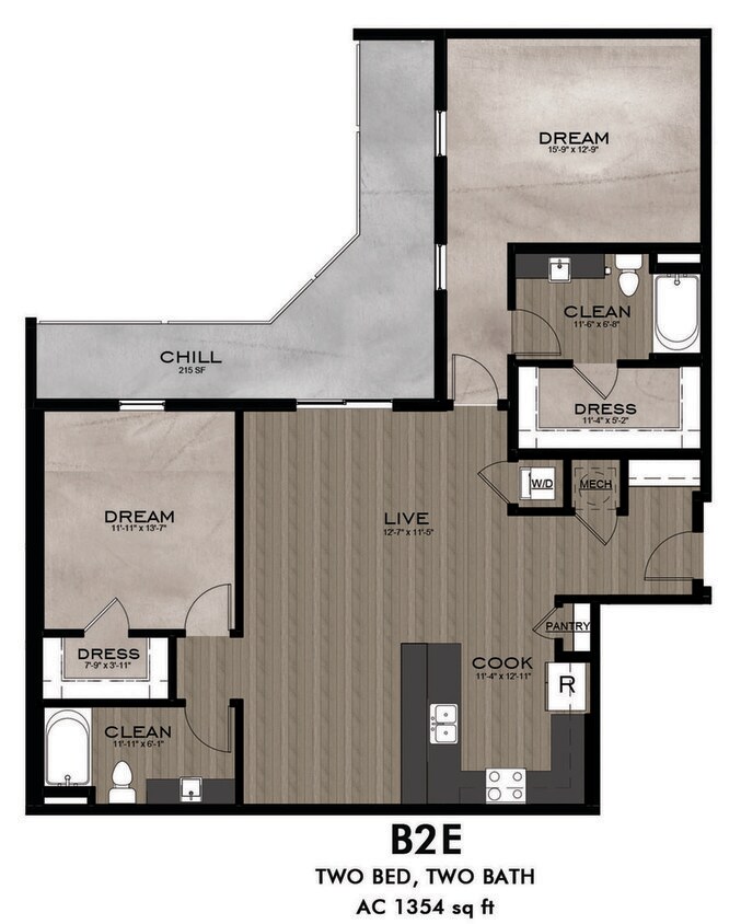 2 Bedroom 2 Bathroom floor plan - B2E