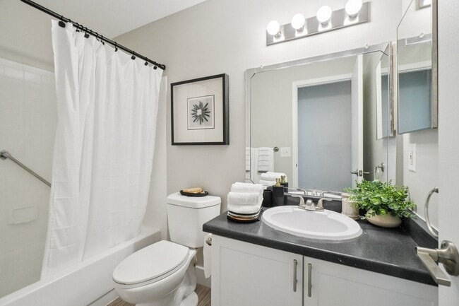 Clean, modern bathrooms feature full shower, toilet, and vanity sink, professionally operated by Highlands Vista Group.