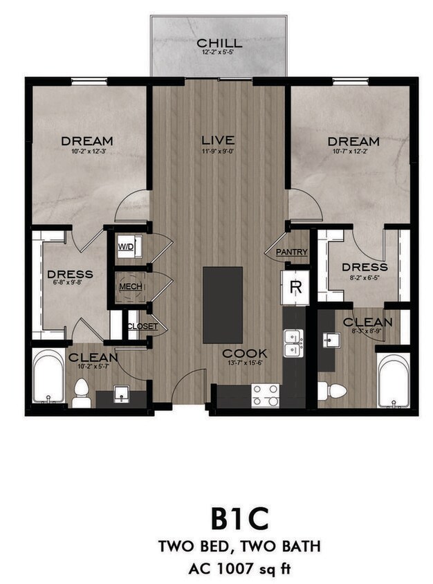 2 Bedroom 2 Bathroom floor plan - B1C