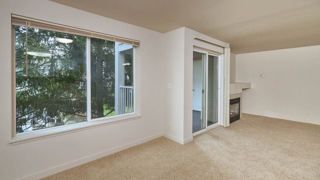 Carpeted Living Room with Fireplace and Balcony