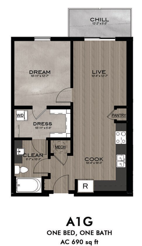 1 Bedroom 1 Bathroom floor plan - A1G
